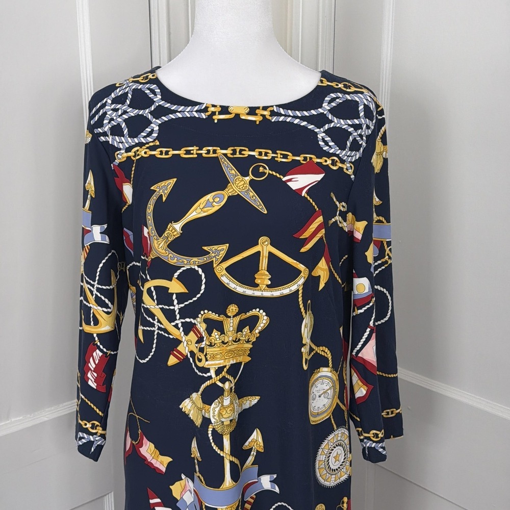 Talbots Dress Womens LP Navy Nautical Print Shift 3/4 Sleeve Stretch Petite - Picture 8 of 10